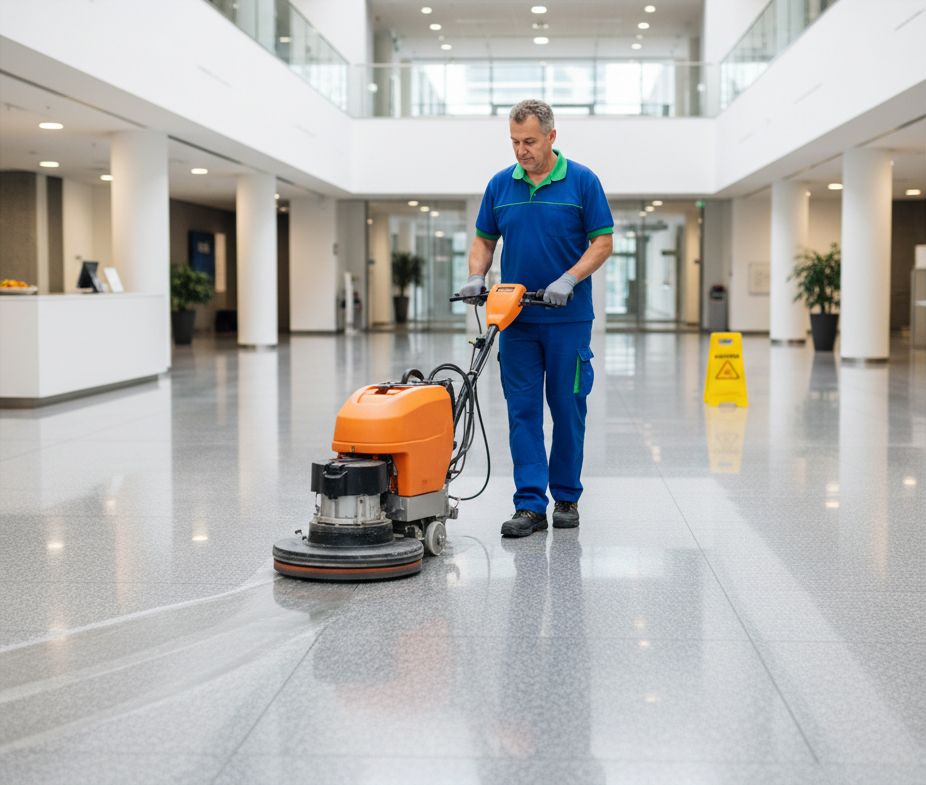 Reinigungskraft pflegt den Boden einer Gebäudelobby - professionelle Gebäudereinigung in Berlin, Shine Gebäudeservice.